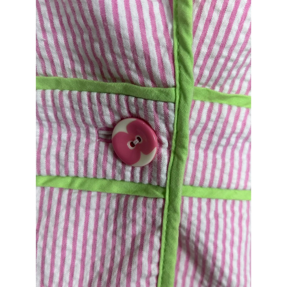 Pink Seersucker Blazer Lime Green Trim Striped Preppy Jacket Women - Picture 3 of 6